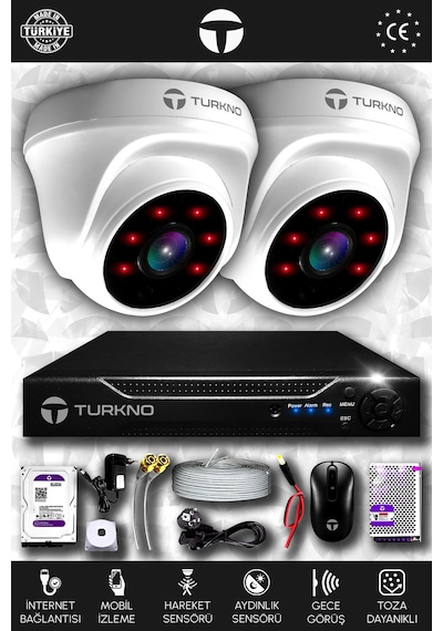 Turkno 2 Kameralı Domia 2 İç Kamera Set 250 GB HDD Full HD Gece Görüşlü Güvenlik Kamerası Sistemi