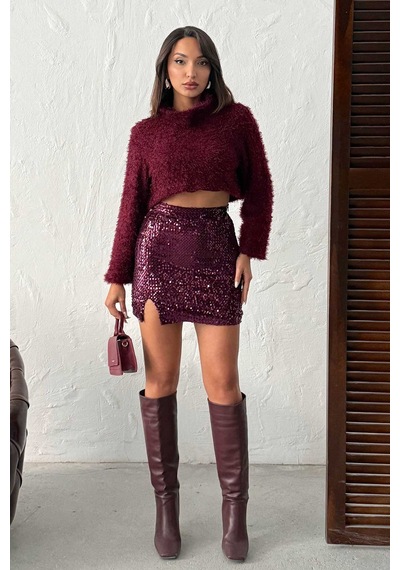 Verymoda Pullu Kadife Payet Mini Etek F2054 Mürdüm