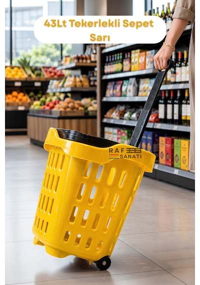 43 Lt Tekerlekli Market Sepeti Plastik Alışveriş Sepeti Ergonomik Çift Saplı Sarı