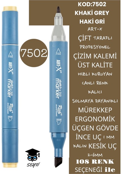 Çift Taraflı Profesyonel Çizim Kalemi Kalıcı Mürekkep Üçgen Gövde İnce Uç 1 Mm Kesik Uç 2-6mm Sketch 7502-haki Gri