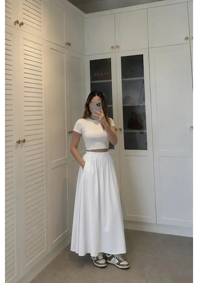 Kadın Beyaz Poplin Kumaş Uzun Etek Beli Lastikli Günlük Maxi Etek 90 Cm