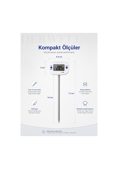 Ta-288 Dijital Mutfak Termometresi Paslanmaz Çelik Saplamalı Prob Yemek Süt Yoğurt Mangal Isı Ölçer Geniş Lcd Ekranlı Derece Hızlı Ölçüm Modu Santigrat Fahrenheit Ayarlı Pratik Gıda Termometre