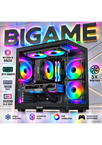 Bigame SCORPION-V5 R5-5600 16 GB 512 GB M2 SSD RTX5060Ti Free Dos Masaüstü Oyuncu Bilgisayarı