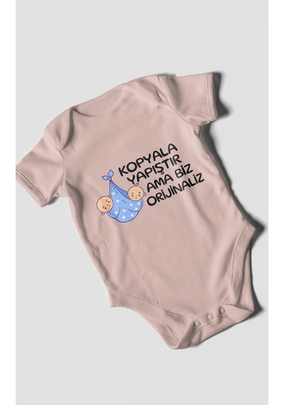 Morivokids Kopyala Yapıştır, Ama Yazılı Kısa Kollu Bebek Body %100 Pamuk Pastel Pembe