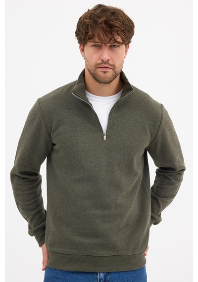 Mmetalic Erkek Haki Standart Fit Normal Kesim Pamuklu Yarım Fermuarlı Dik Yaka Pamuklu Sweatshirt Haki