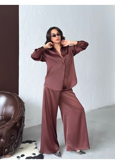 Verymoda Yüksek Bel Bol Paça Saten Pantolon Şık Ve Rahat Tasarım F2052 Kahve