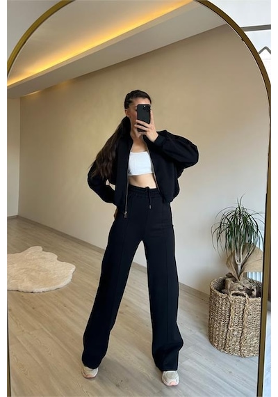 Neşeli Butik Kadın Fermuarlı Oversize Sweat Ve Yüksek Bel Eşofman Takımı Nm018 Siyah