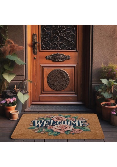 Valerine Life Pudra Rengi Güller Welcome Kapı Önü Paspası 45x70cm