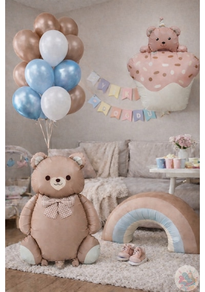 Ponçik Ayı Retro Gökkuşağı Balon Konsepti Kahverengi Ayıcık, Kek & Mavi Kahve Pastel Set Kahverengi