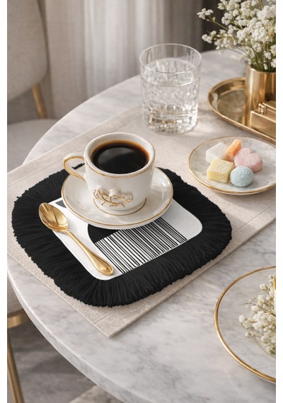 Geometrik Modern Stil Saçaklı Sunum Peçetesi - Minimalist Siyah Beyaz Etnik Bardak Altlığı Mendil Çok Renkli