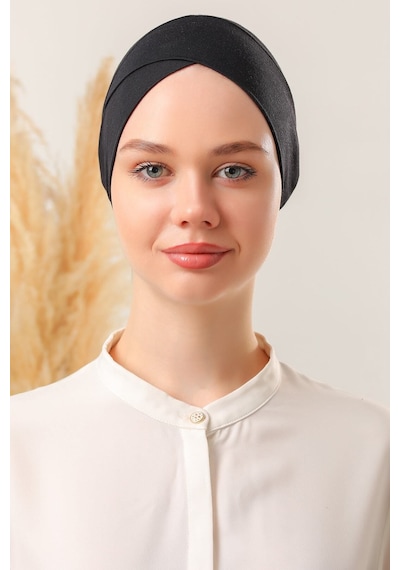 Melodi Scarf Bağlamalı Dikişsiz Çapraz Bone Siyah Siyah