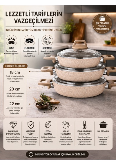 Stone 6 Parça Granit Ezme Cam Kapaklı Sahan Omlet Seti Gri 18/20/22 Cm Yapışmaz