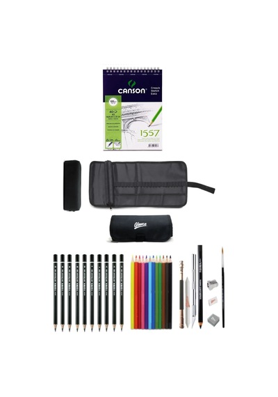 Canson A5 120 Gr 40 Yaprak Eskiz Defteri Dereceli Kalem Kuru Boya Siyah Kalemlik 24 Bölmeli Set