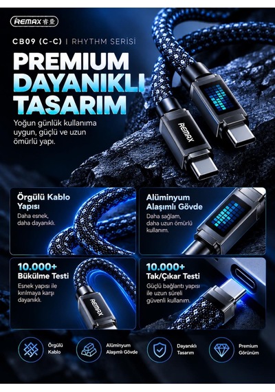 Remax Cb09-cc Rhythm Serisi 240w Type-c To Type-c Mavi Led Işıklı Örgülü Hızlı Şarj Ve Data Kablosu 1.2 Metre