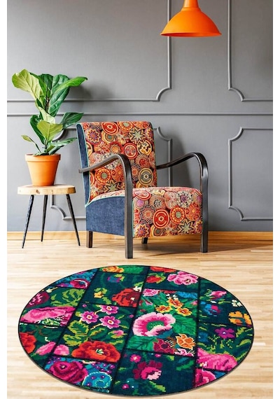 Çok Renkli Kaymaz Yuvarlak Patchwork Mutfak Halısı Ar1362n11