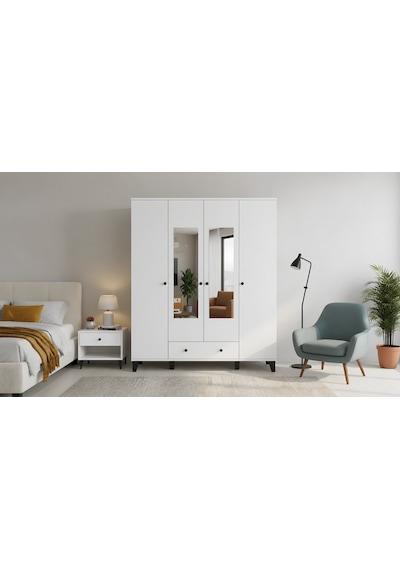 Vento Modern 4 Kapaklı Aynalı Fonksiyonel Yatak Odası & Genç Odası Elbise Dolabı - Beyaz