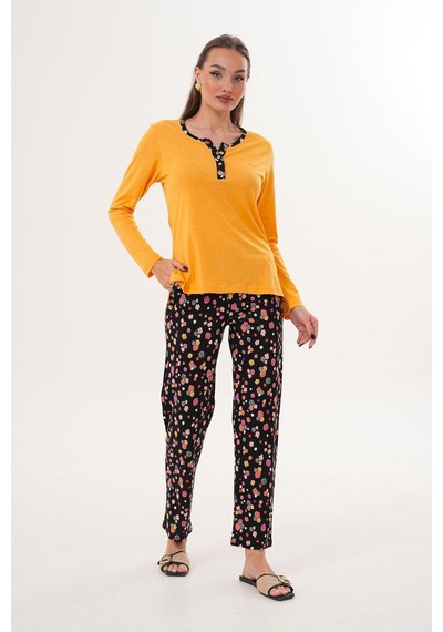Çift Kaplan Kadın Pamuk Modal Açık Patlı Sarı Pijama Takımı 7019 Sarı
