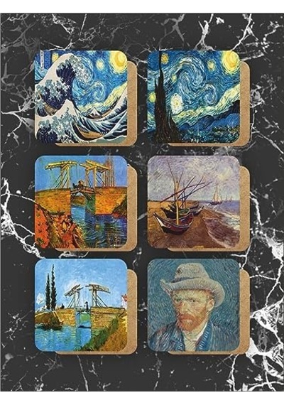 Van Gogh Temalı Ahşap Bardak Altlığı Ahşap Baskılı Altlık 6'lı Set 9 X9cm Karbonnm14 1