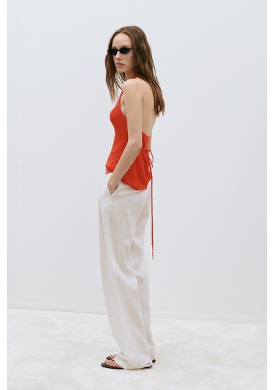Suud Collection Turuncu Estel Halter Dökümlü Triko Bluz