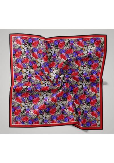 Silk Home Organik Pamuk İpek Eşarp Siyah-koyu Gri Mor Çiçek Desenli Tok Duruşlu 90x90 Çok Renkli