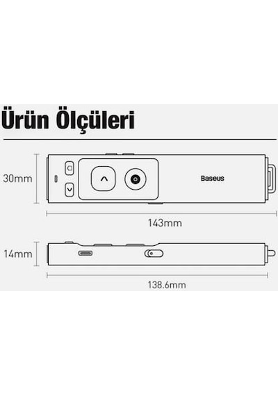 BASEUS Şarjlı Kırmızı Lazer İşaretli Projeksiyon Sunum Kumandası Presenter Uzaktan Kumanda
