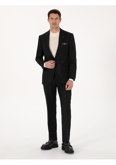 Cacharel Siyah Slim Fit Yün Karışımlı Mikro Desenli Klasik Pantolon