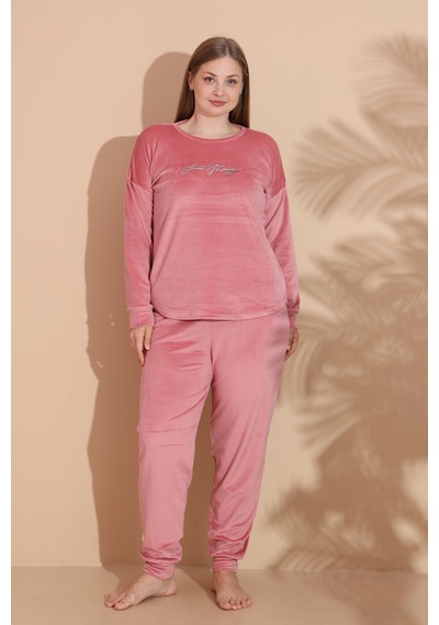 Remsa Büyük Beden Kadın Kadife Pijama Takımı 25396 Pembe Pembe
