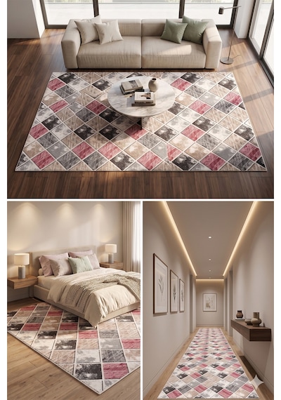 Villadia Home Textile Kaymaz Taban Modern Desen Yıkanabilir Leke Tutmaz Kolay Temizlenir Dört Mevsim Yolluk Koridor Salon Yatak Mutfak Odası Mürdüm