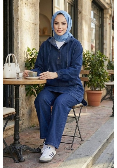 Hb Harma Time Butik Kadın Kapüşonlu, Düğmeli Ve Cepli Koyu Kot Mavi Tunik Pantolon İkili Takım Koyu Mavi Koyu Mavi Hb Harma Time Butik Kadın Kapüşonlu, Düğmeli Ve Cepli Koyu Kot Mavi Tunik Pantolon İkili Takım Koyu Mavi Koyu Mavi