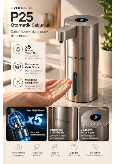 Otomatik Sensörlü Sıvı Sabun Dispenseri Paslanmaz Çelik Inox - P25 Model Gümüş