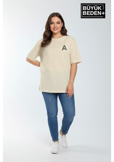 Superlife Kadın Büyük Beden A Baskılı 3xl-6xl Bisiklet Yaka Tshırt Spr26btsk510-12 Bej
