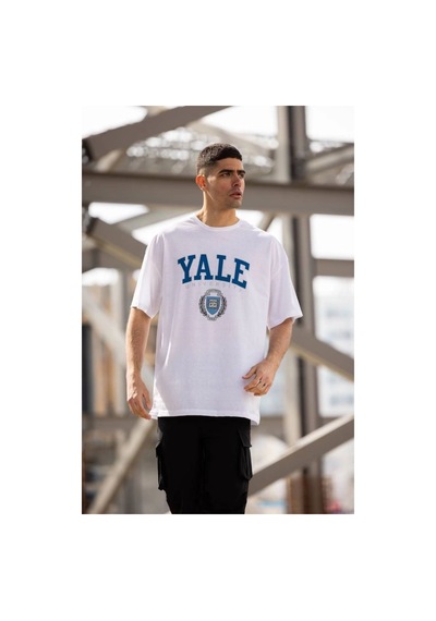 Vinevesta Erkek Kısa Kol Yazlık Tişört Bisiklet Yaka Yale Baskılı T-shirt - Beyaz Çok Renkli