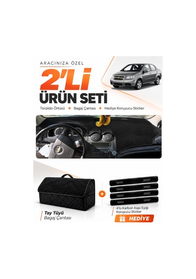 E-biz Chevrolet Aveo T250 2006-2011 Uyumlu Torpido Örtüsü + Tay Tüyü Bagaj Çantası - Siyah - Ch008