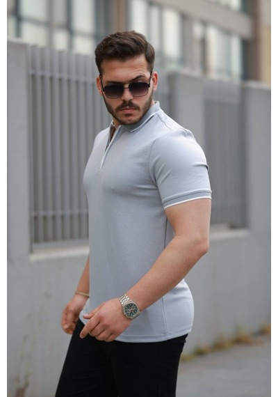 Butik İstanbul Erkek Fermuar Yakalı Çizgi Detaylı Kısa Kollu Tişört Gri