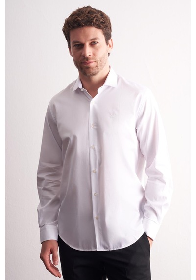İmza Beyaz Yarım İtalyan Yaka Uzun Kol Premium Slim Fit %100 Pamuk Gömlek 1004255197 Beyaz