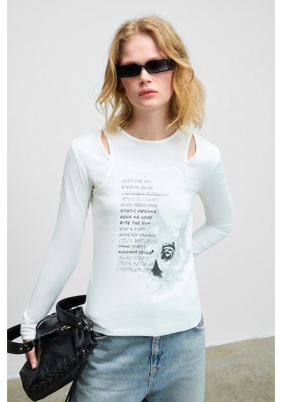 Grımelange Zarabı Kadın Yumuşak Kumaşlı Halter Yakalı Uzun Kollu Beyaz T-shirt Beyaz