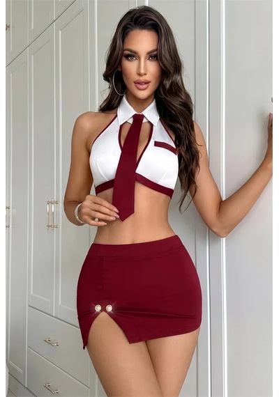 Emvera Kadın Şık Tasarım Bordo Yırtmaçlı Mini Etek Ve Boyundan Bağlamalı Büstiyer Hostes Kostümü Takımı