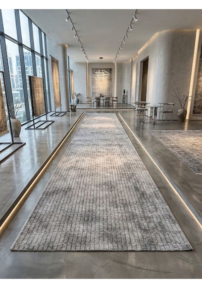 Dinarsu Aksu Prime Gri Halıcılık Modern Kaymaz Taban Salon Hol, Koridor Mutfak Yıkanabilir Jel Kesme Yolluk