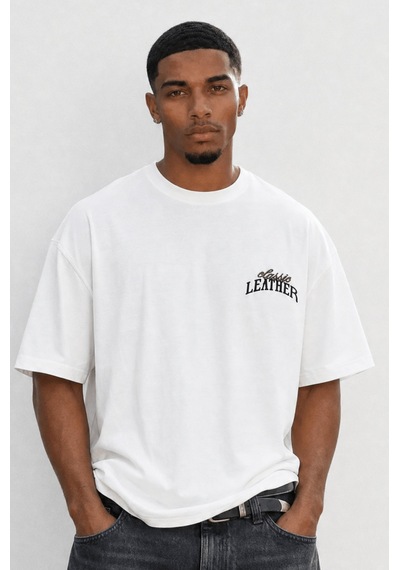 Respire Erkek Leather Baskılı Oversize T-shirt Ekru