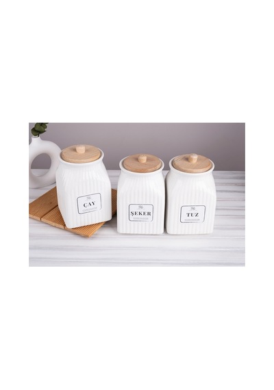 3 Lü Bambu Kapaklı Porselen 750 Ml Çay Şeker Tuz Saklama Kavanoz Seti Kavanoz Takımı Beyaz 657533721 Beyaz