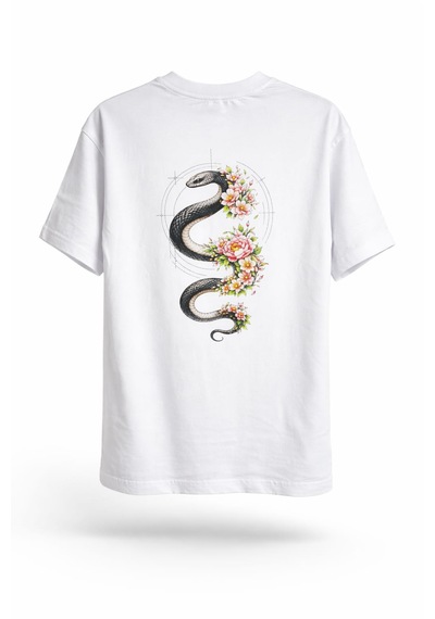 Yılan Ve Desen Sırt Baskılı %100 Pamuk Oversize T-shirt Beyaz