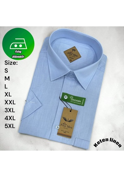 Eren Style Linen Keten Klasik %100 Cotton Kısa Kollu Terletmeyen Gömlek Mavi