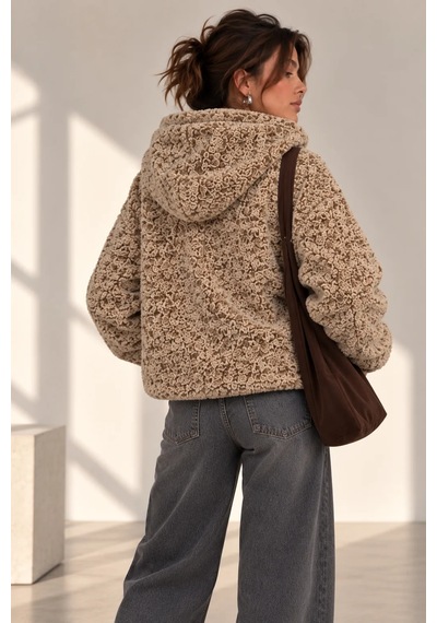 Bb Butik Basic Kadın Kapüşonlu Fermuarlı Peluş Ceket Oversize Rahat Kesim My3535 Kahverengi