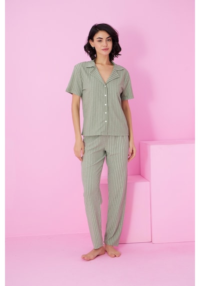Siyah İnci Bürümcük Krınkıl Kumaş Örme Düğmeli Pijama Takım7873 Yeşil