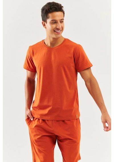 Erkek Oversize Rahat %100 Pamuklu Penye Bisiklet Yaka Kısa Kol Basic T-shirt KIREMIT