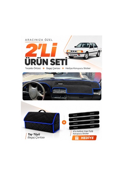 Kia Kapital 1994-1996 Uyumlu Torpido Örtüsü + Tay Tüyü Bagaj Çantası + Sticker Seti - Siyah Mavi