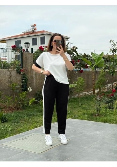 Defymoda Kadın Modal Dokulu Kumaş Yanı Şeritli Takım Siyah