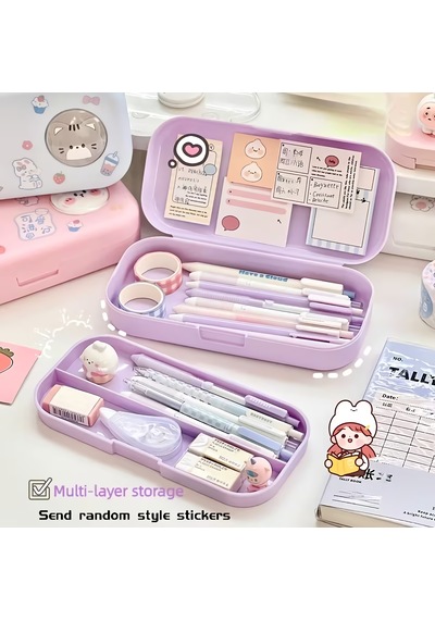 Sevimli Kawaii Figürlü Kalem Kutusu Çok Bölmeli Çift Katlı Büyük Kapasiteli Kalem Kutusu Sticker'lı Kalem Kutusu Sticker Yapıştırılabilir Kalemlik Sticker Kalemlik Mor