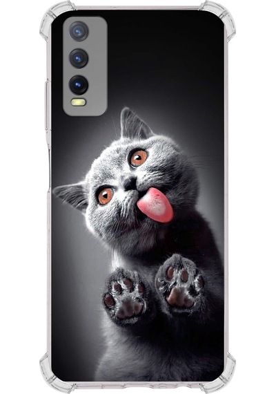 Vivo Y20 Uyumlu Kedi 2 Baskılı Şeffaf Köşe Korumalı Antişok Kılıf