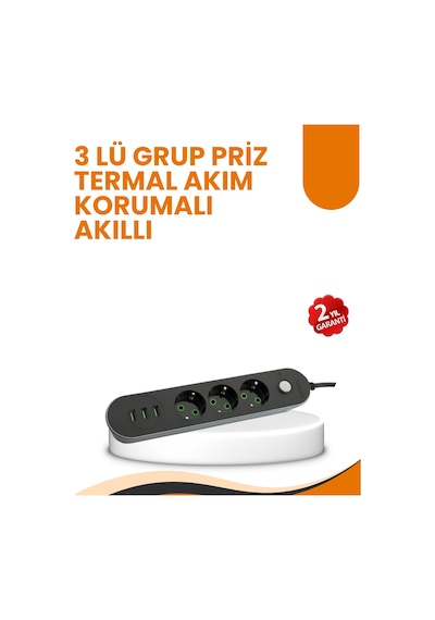 Ilkeshop 2 Metre Kablolu 3 Usb Portlu Anahtarlı Üçlü Priz Adaptör